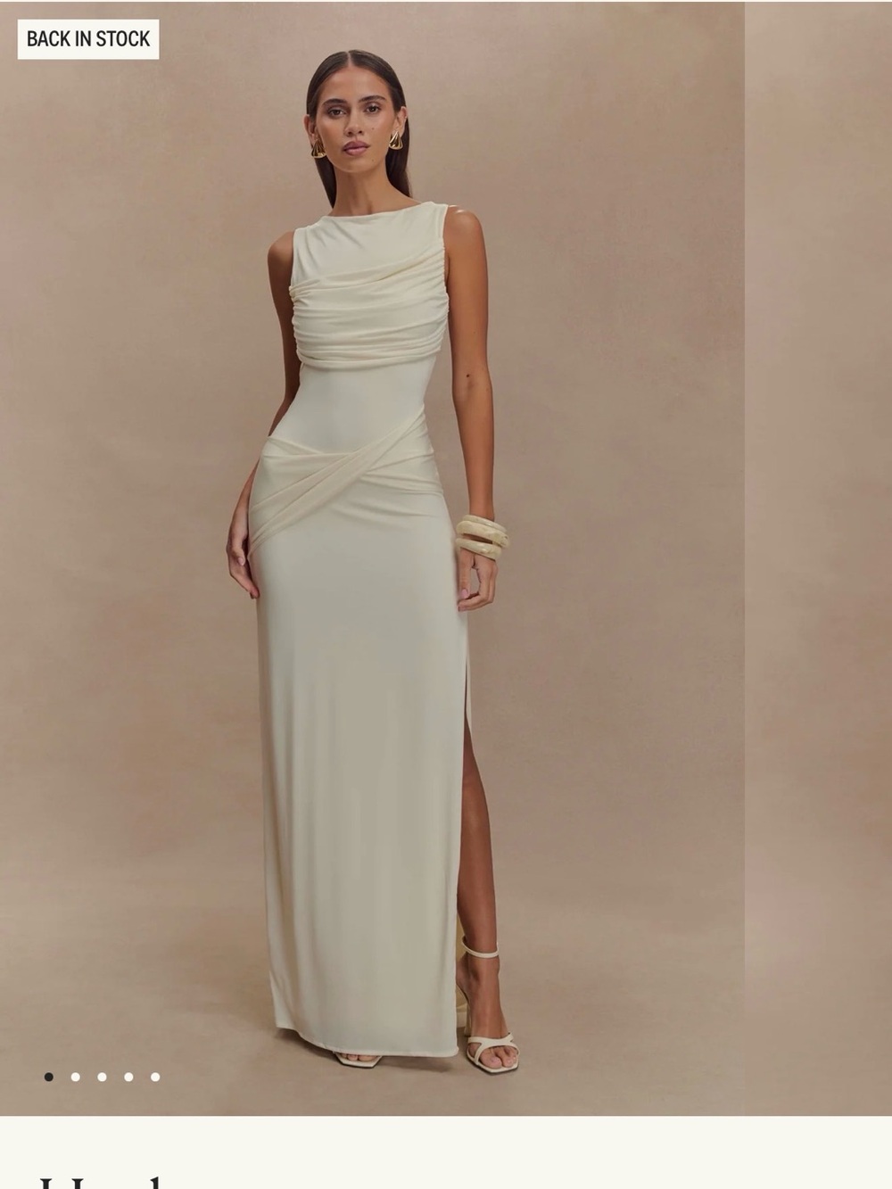 Meshki Cream Ruched Maxi Dress with Side Slit